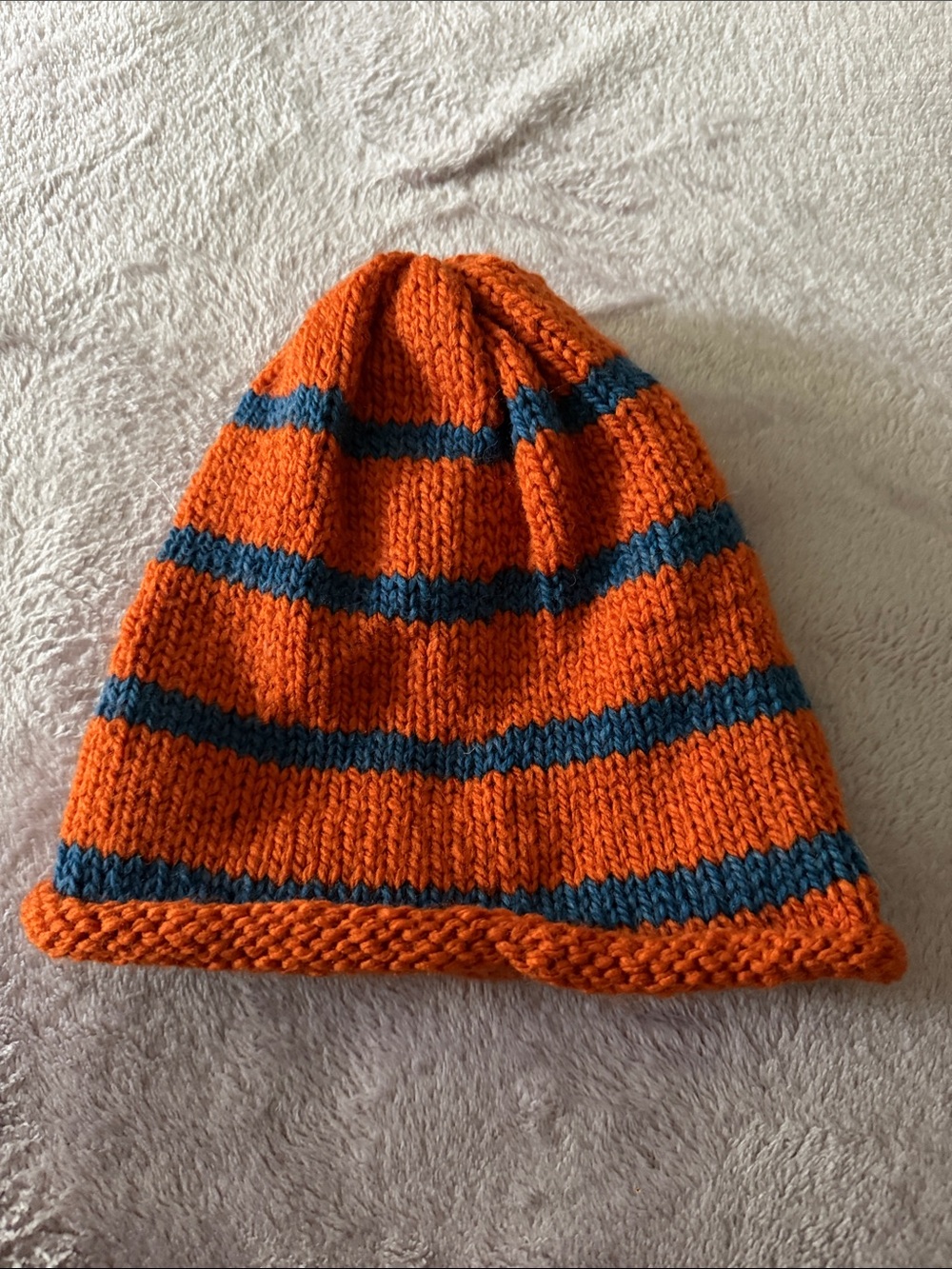 Unisex Adult Orange & Blue Striped Knit Beanie Hat